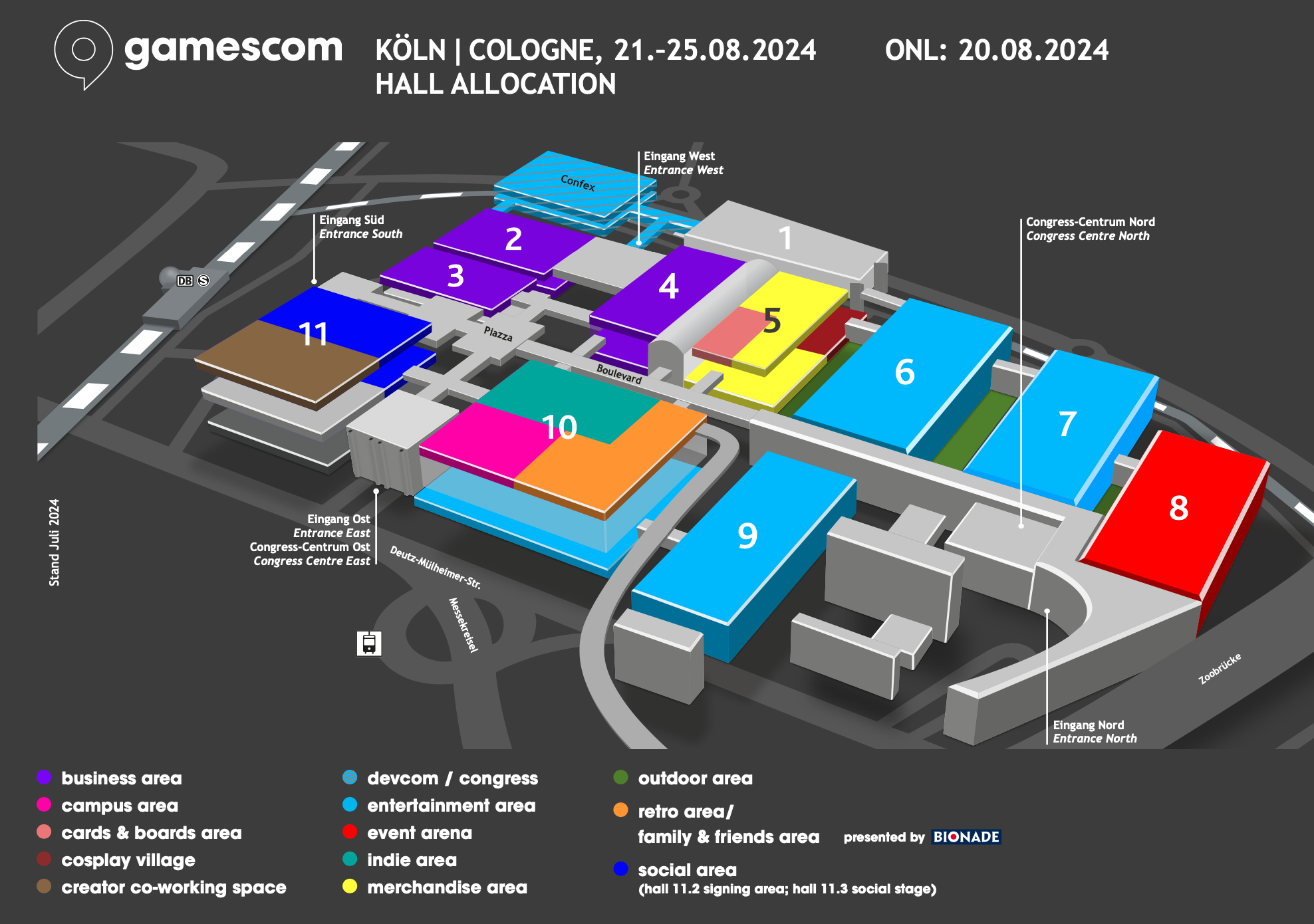 Koelnmesse hall plan: B2B hall, B2C hall, Merch hall, Event hall