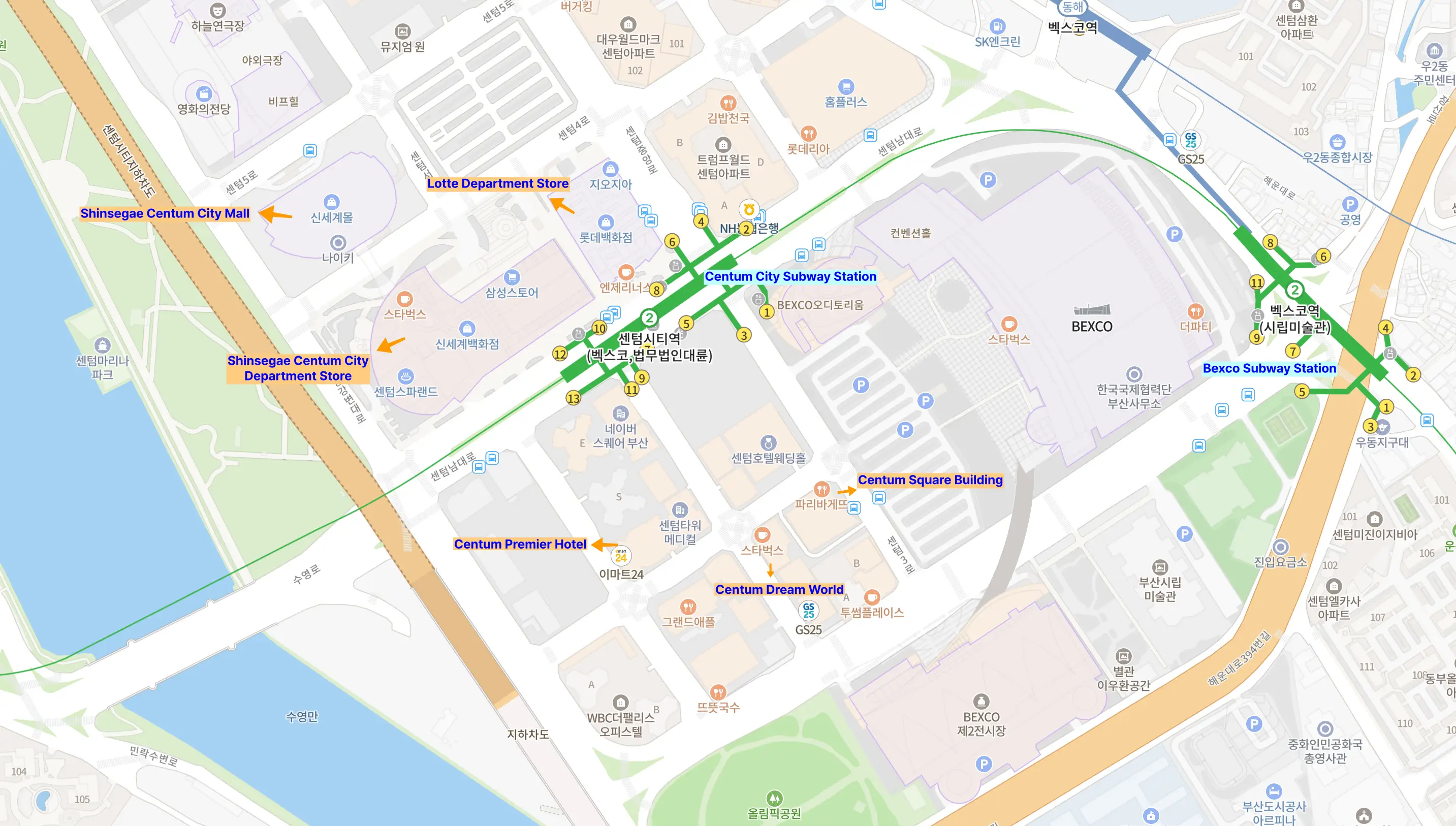 Mall and restaurants maps near Bexco for G-Star exhibitors