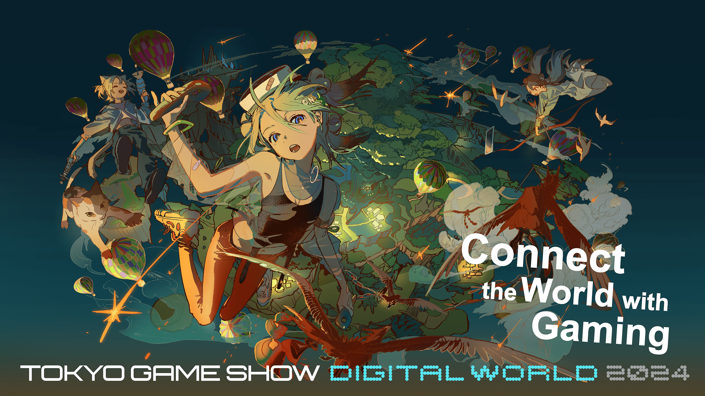 Tokyo game show digital world poster: characters fly in a game world  animation style graphic